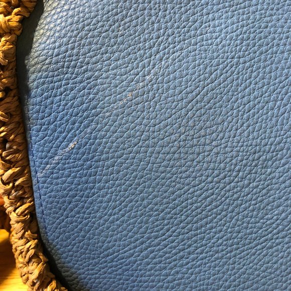 WOMENS UNBILLION BLUE TAN BURLAP WOOD DOUBLE HANDLE HANDBAG * - Picture 9 of 9